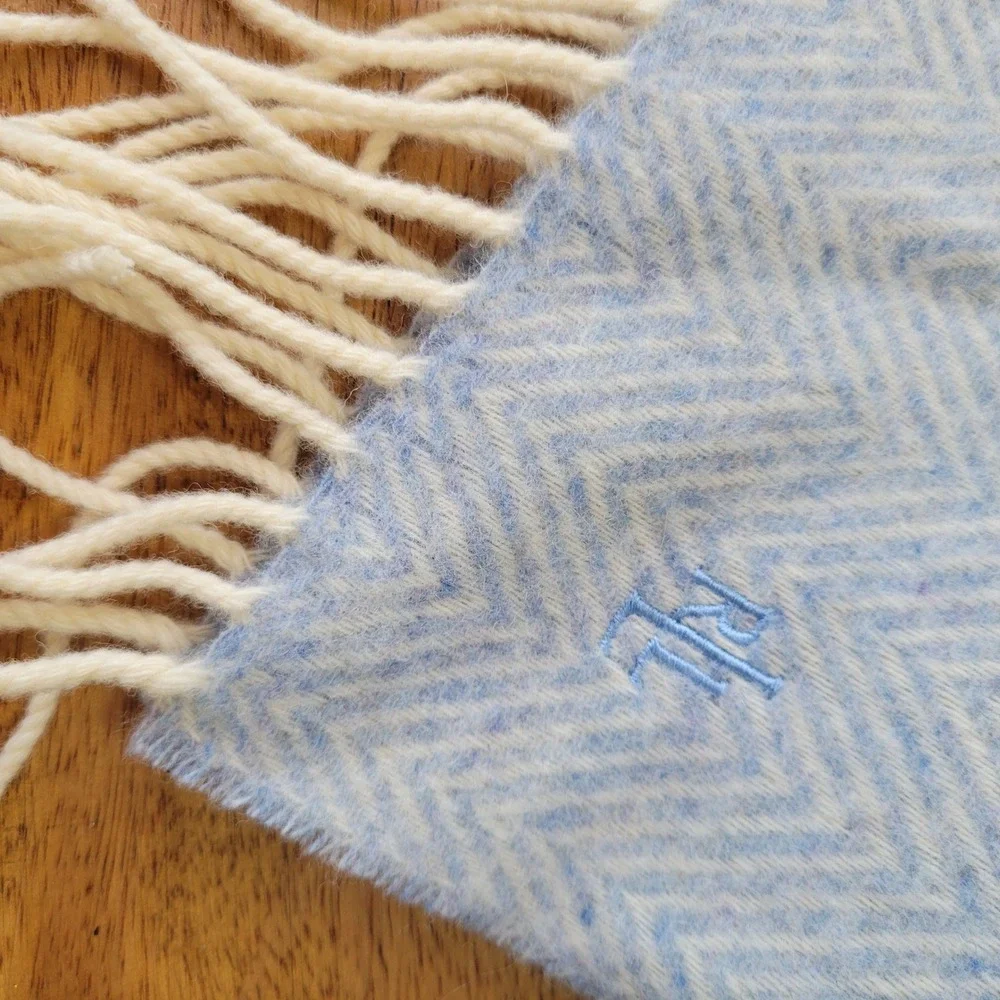 Lauren Ralph Lauren Scarf Womens OS Blue Herringbone 100% Lambswool Fringe UK
